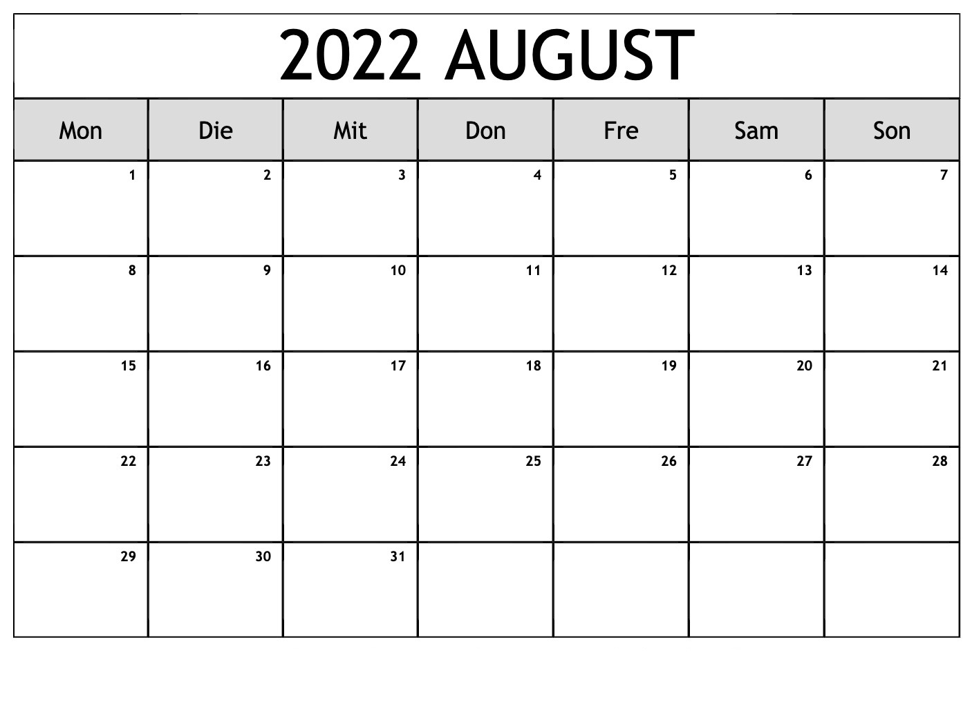 August 2022 Kalender