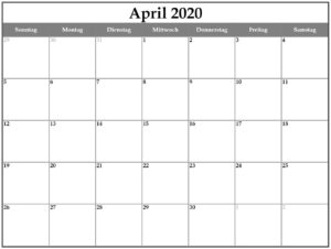 Druckbare leere April 2020 Kalender