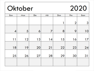 Monats Kalender Oktober 2020