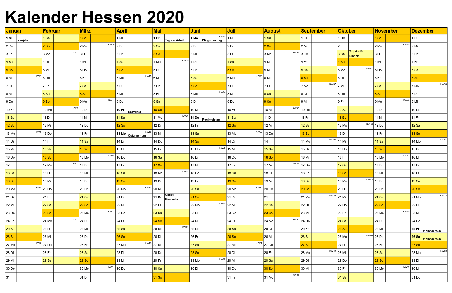 Kalender Hessen 2020 Zum Ausdrucken