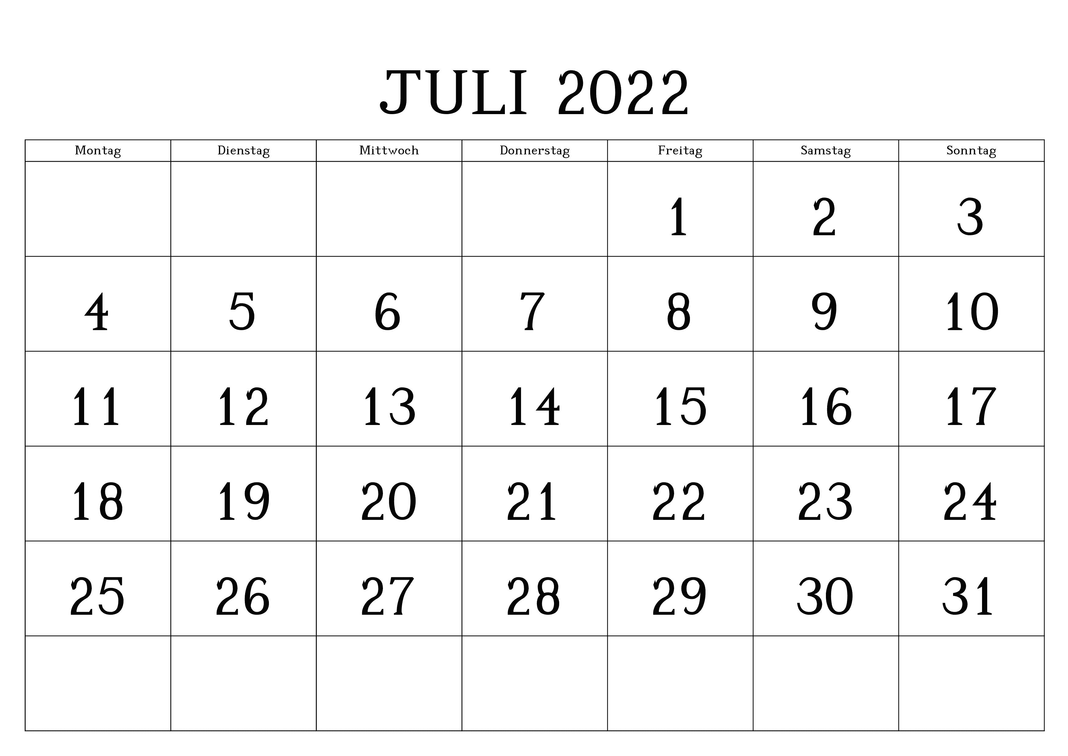 Frei Juli 2022 Kalender Ausdrucken