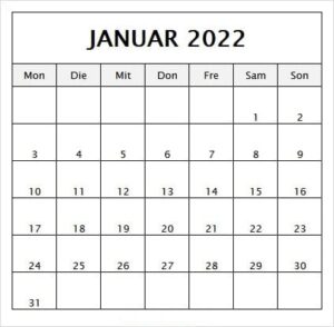 Januar Urlaubskalender 2022