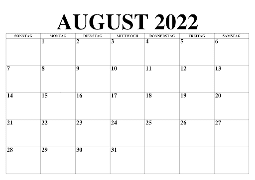 Kalender August 2022 Ausdrucken