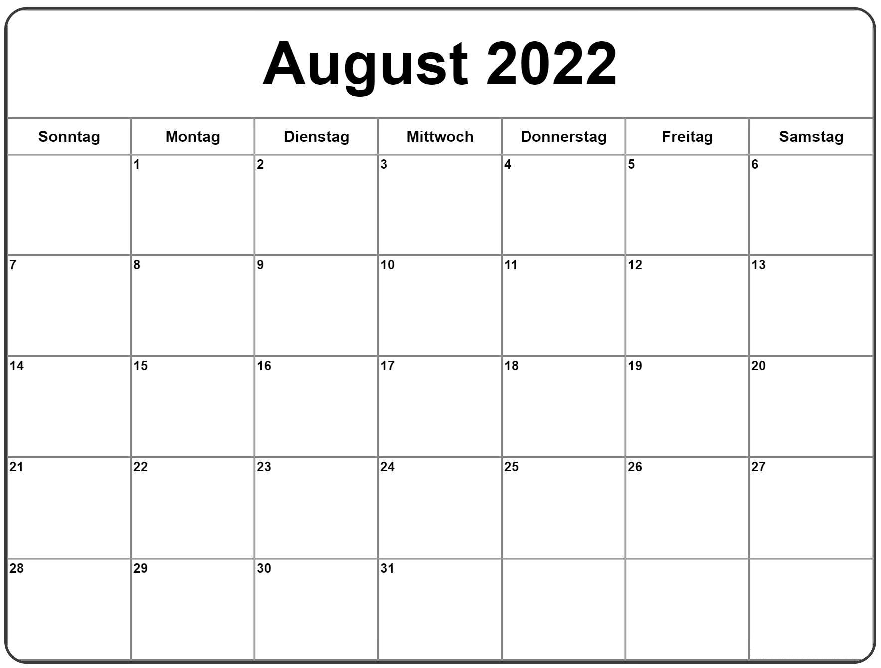 Kalender August 2022 Vorlage