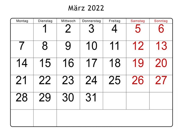  Kalender März 2022