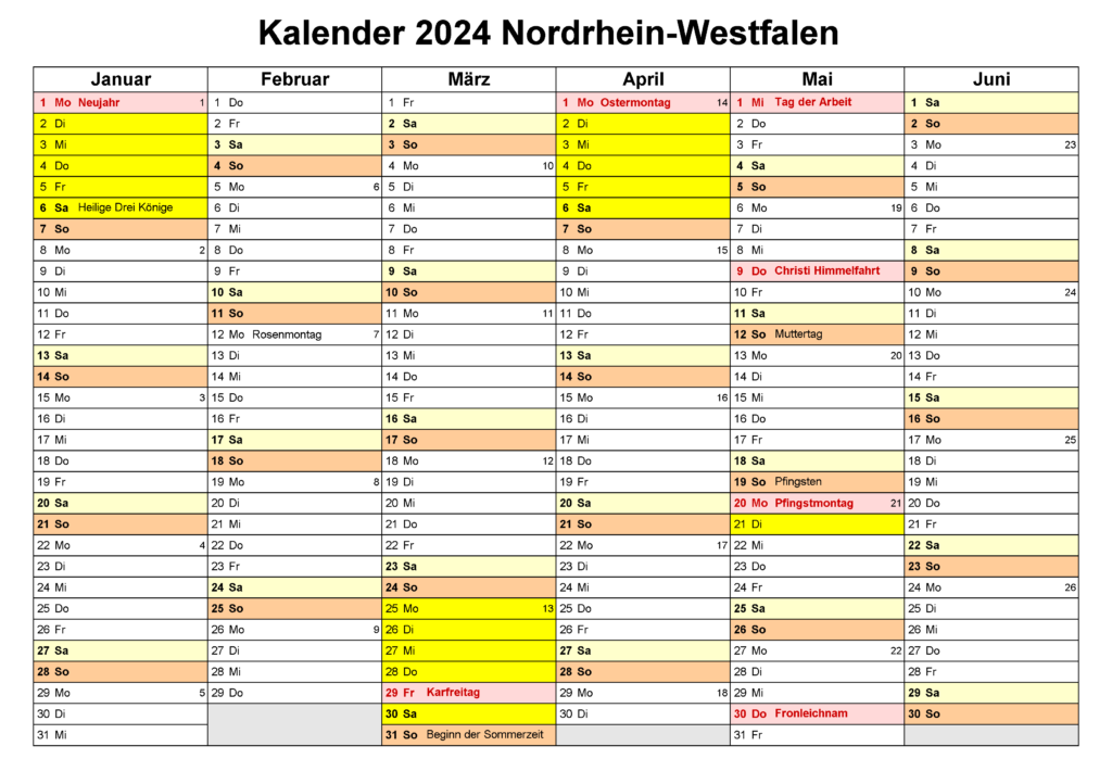 Kalender NRW 2024 Zum Ausdrucken