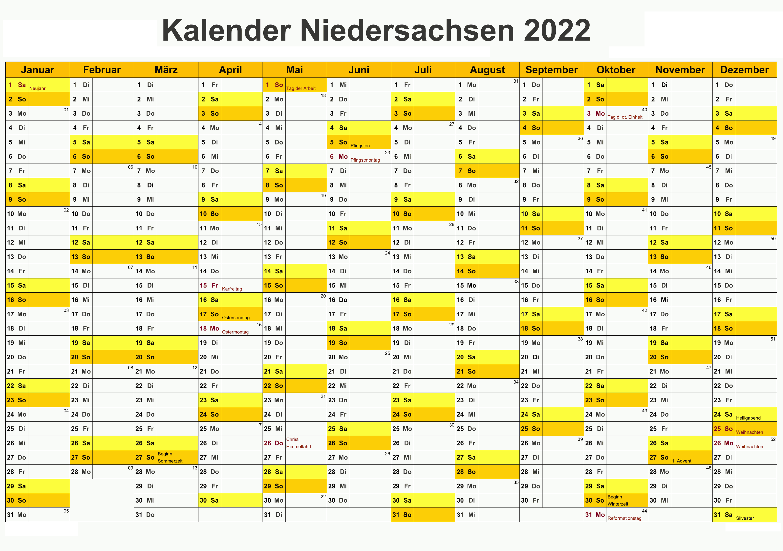 Kalender Niedersachsen 2022 Zum Ausdrucken