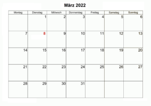 März 2022 Druckbarer Kalender