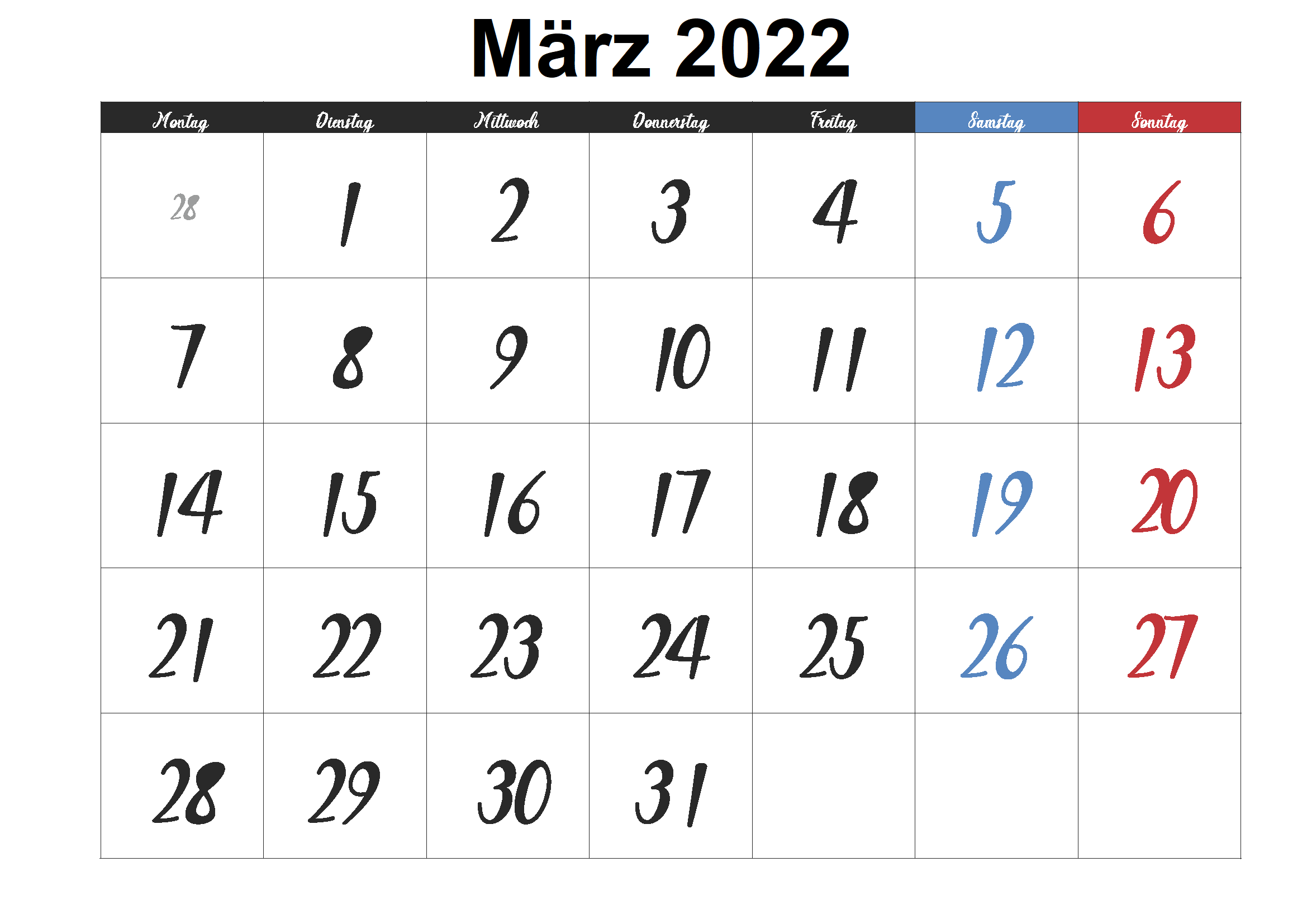 März 2022 Kalender Zum Ausdrucken