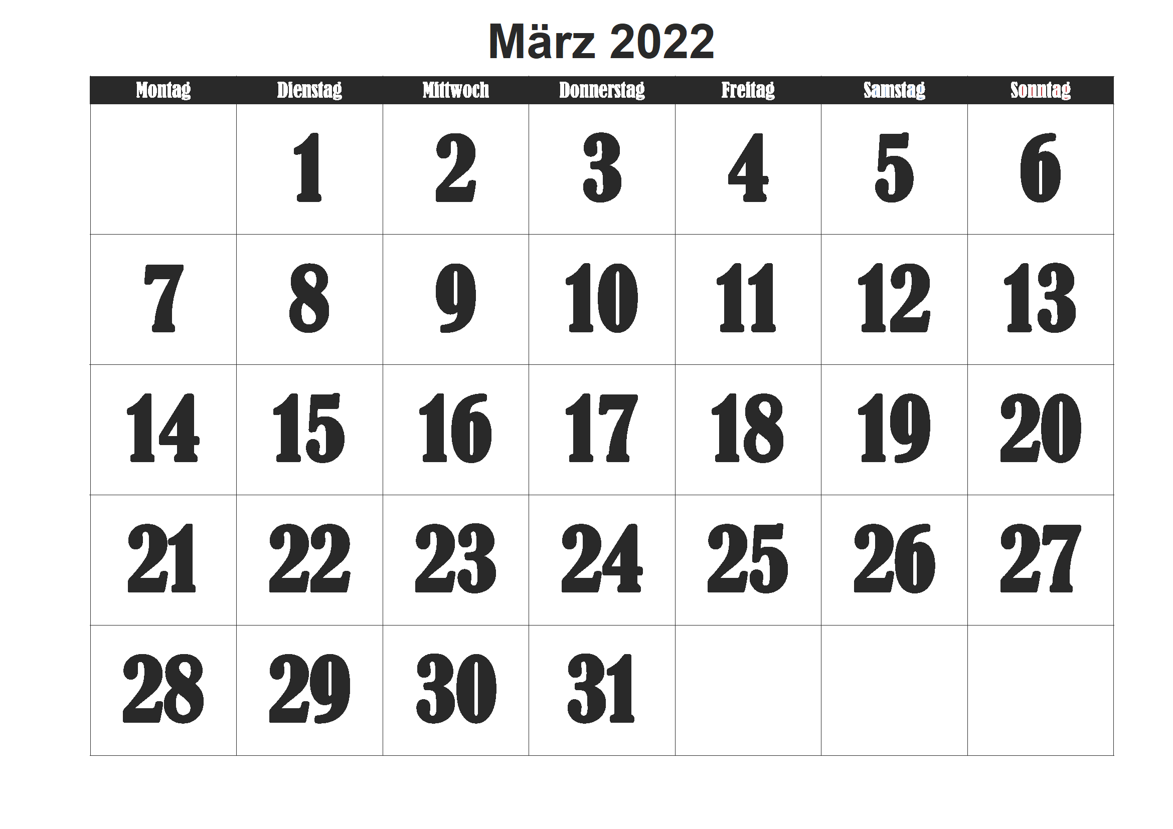 März 2022 Leerer Kalender