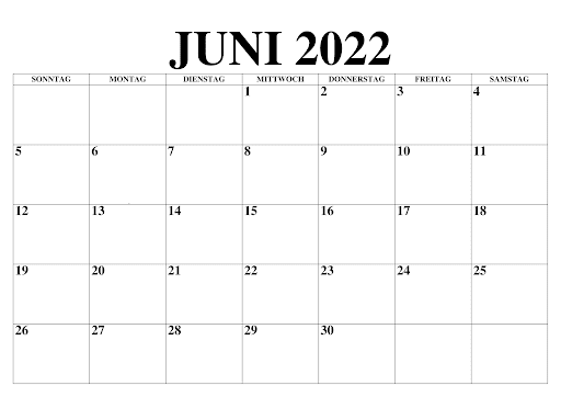 Monats Kalender Juni 2022