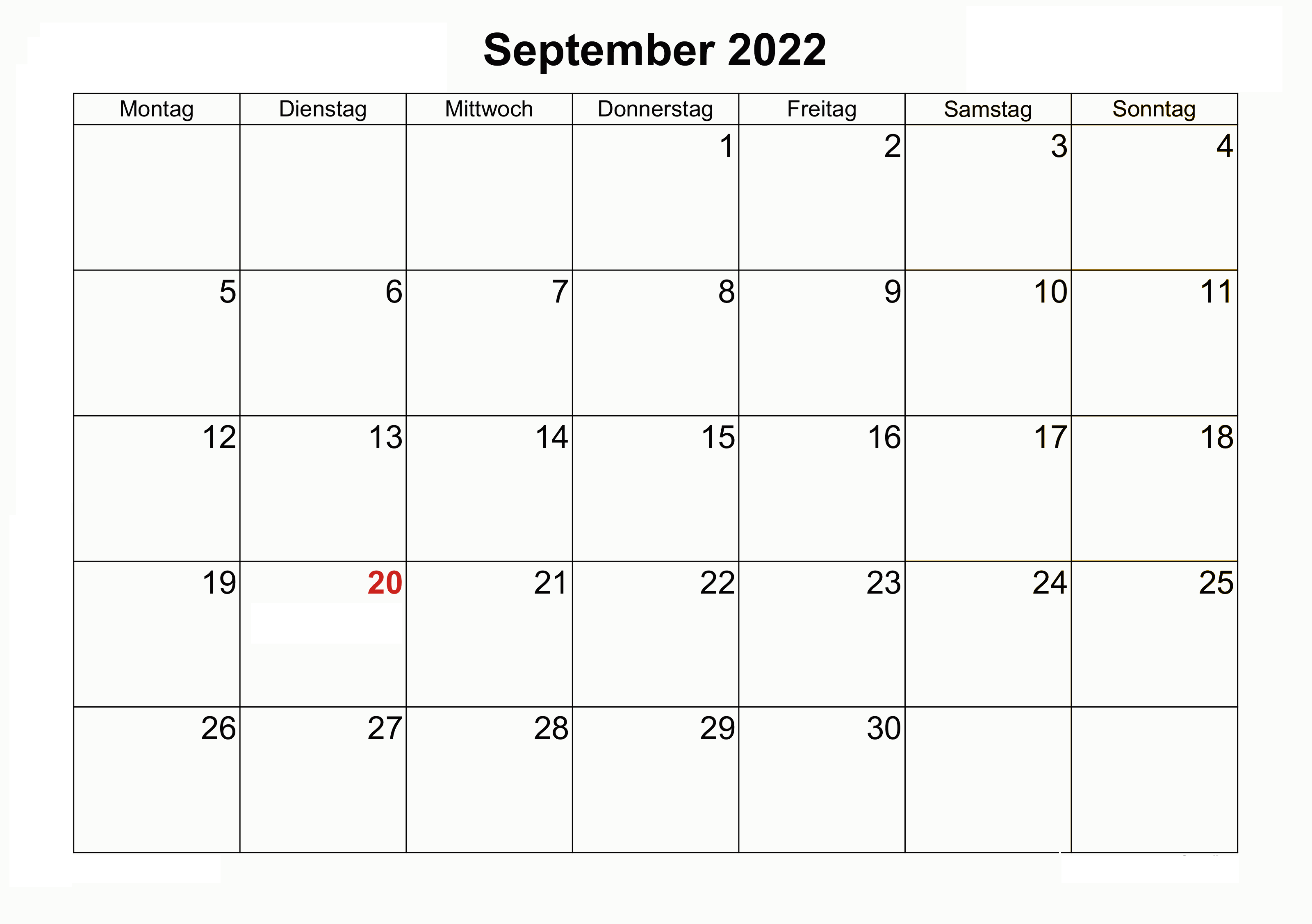 Monats Kalender September 2022