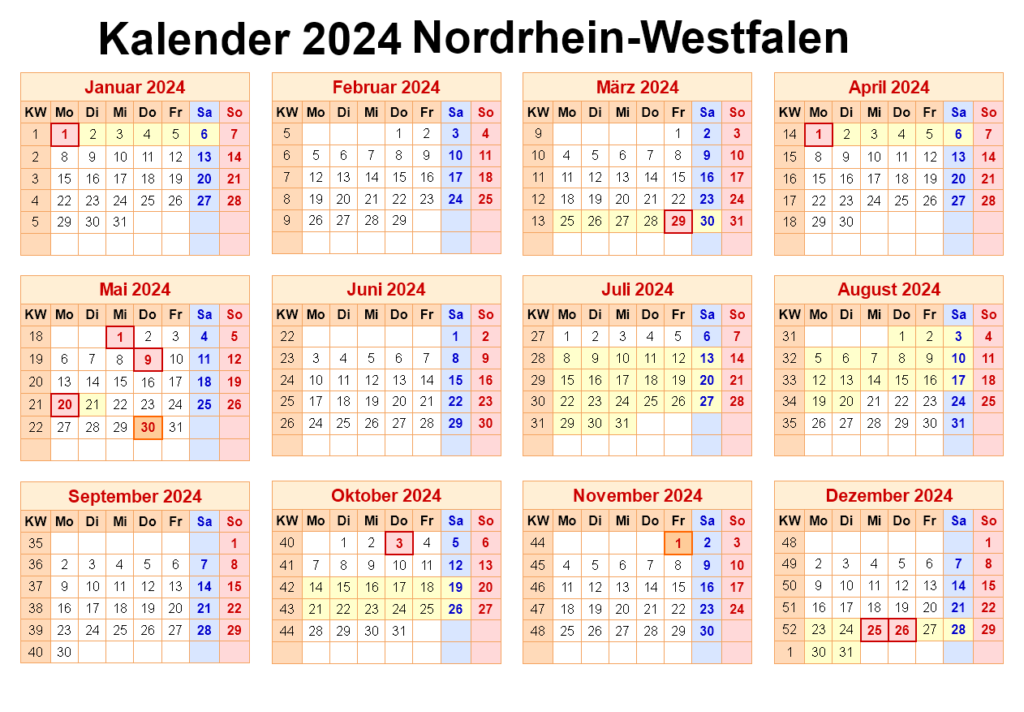 Sommerferien NRW 2024 Kalender Excel Word