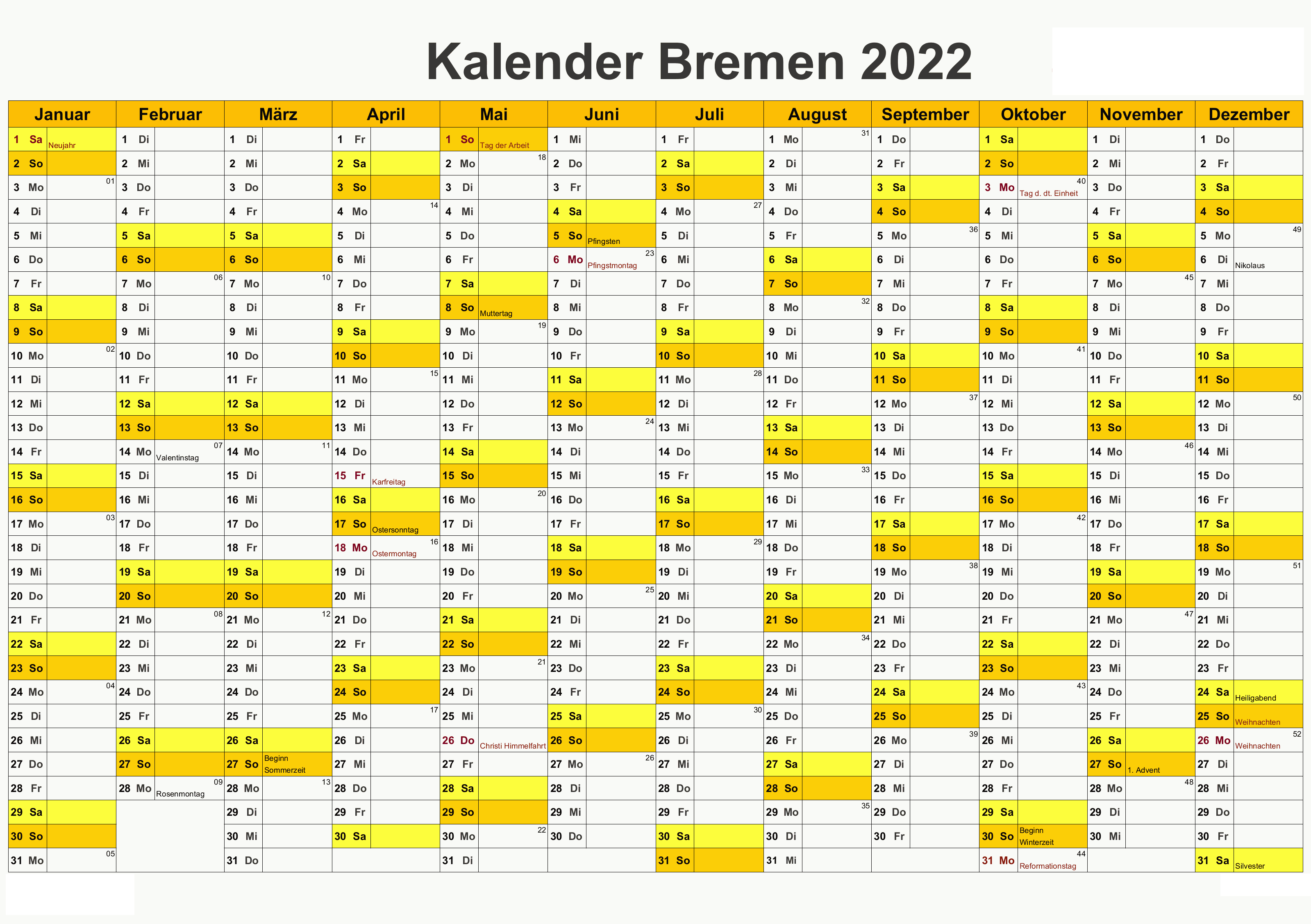Kalender Bremen 2022 Zum Ausdrucken