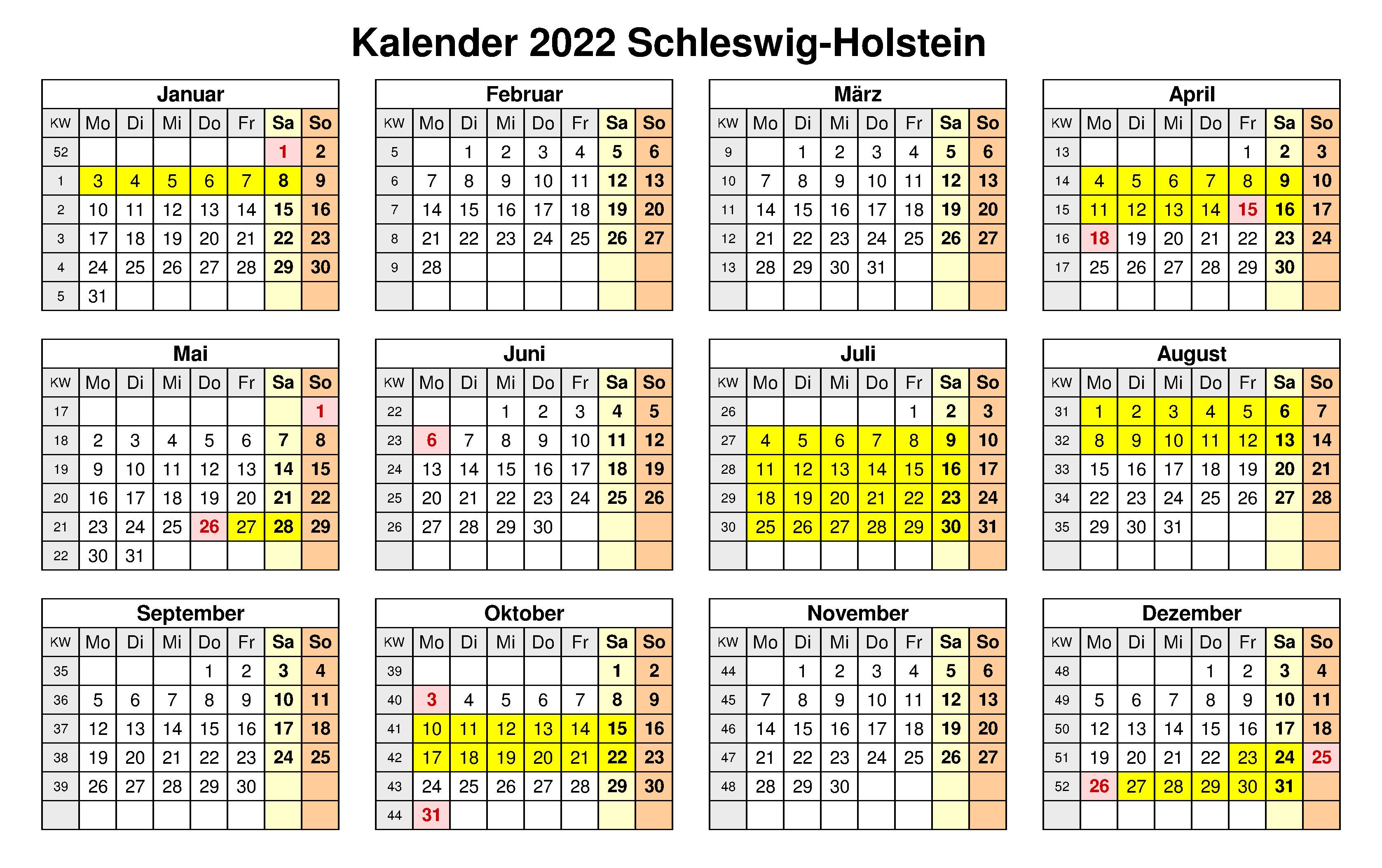 Kalender Schleswig-Holstein 2022 Zum Ausdrucken