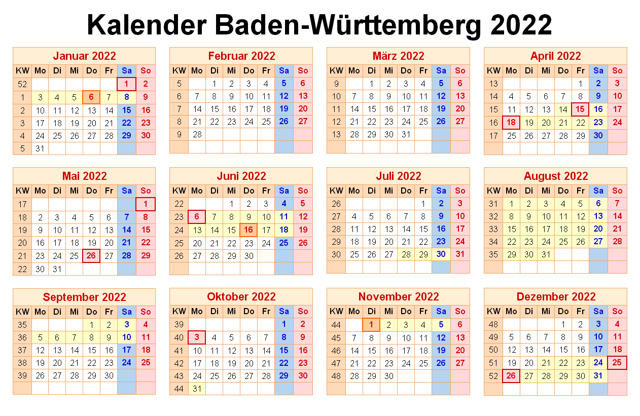 Sommerferien Baden-Württemberg 2022 Excel Word