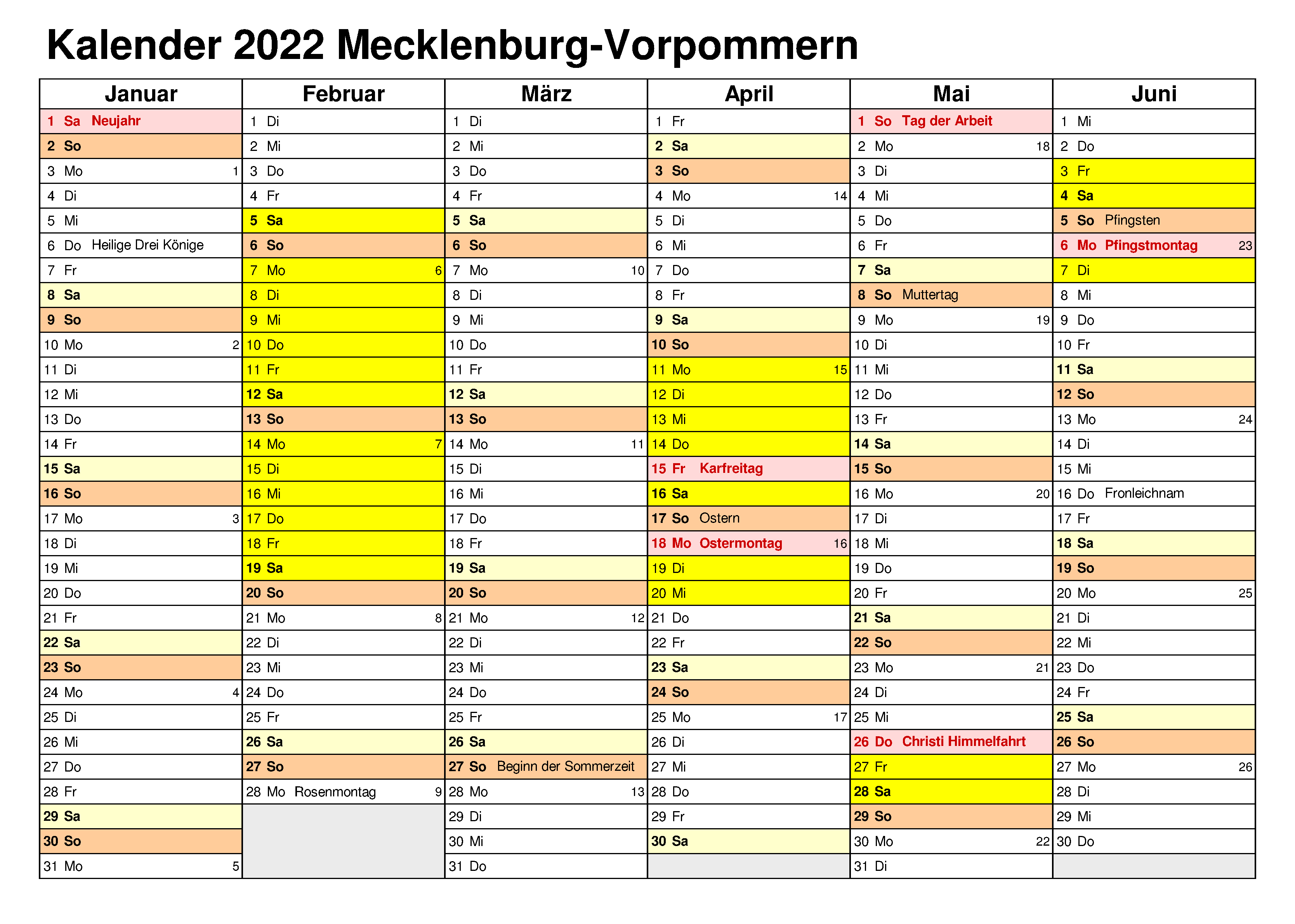 Sommerferien Mecklenburg-Vorpommern 2022 Excel Word