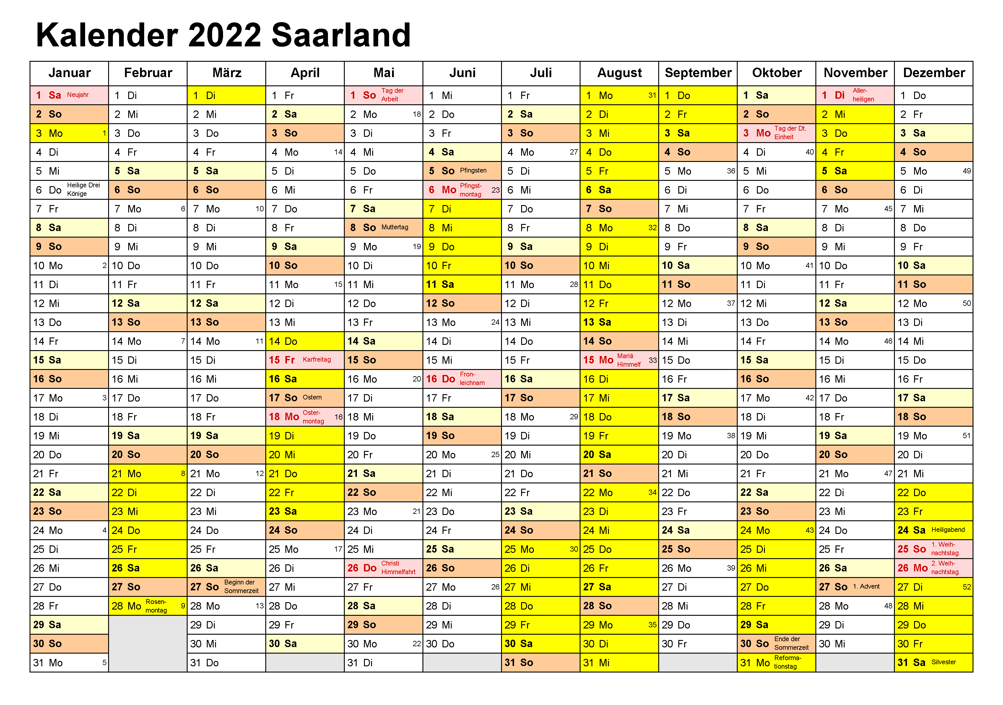 Sommerferien Saarland 2022 Excel Word