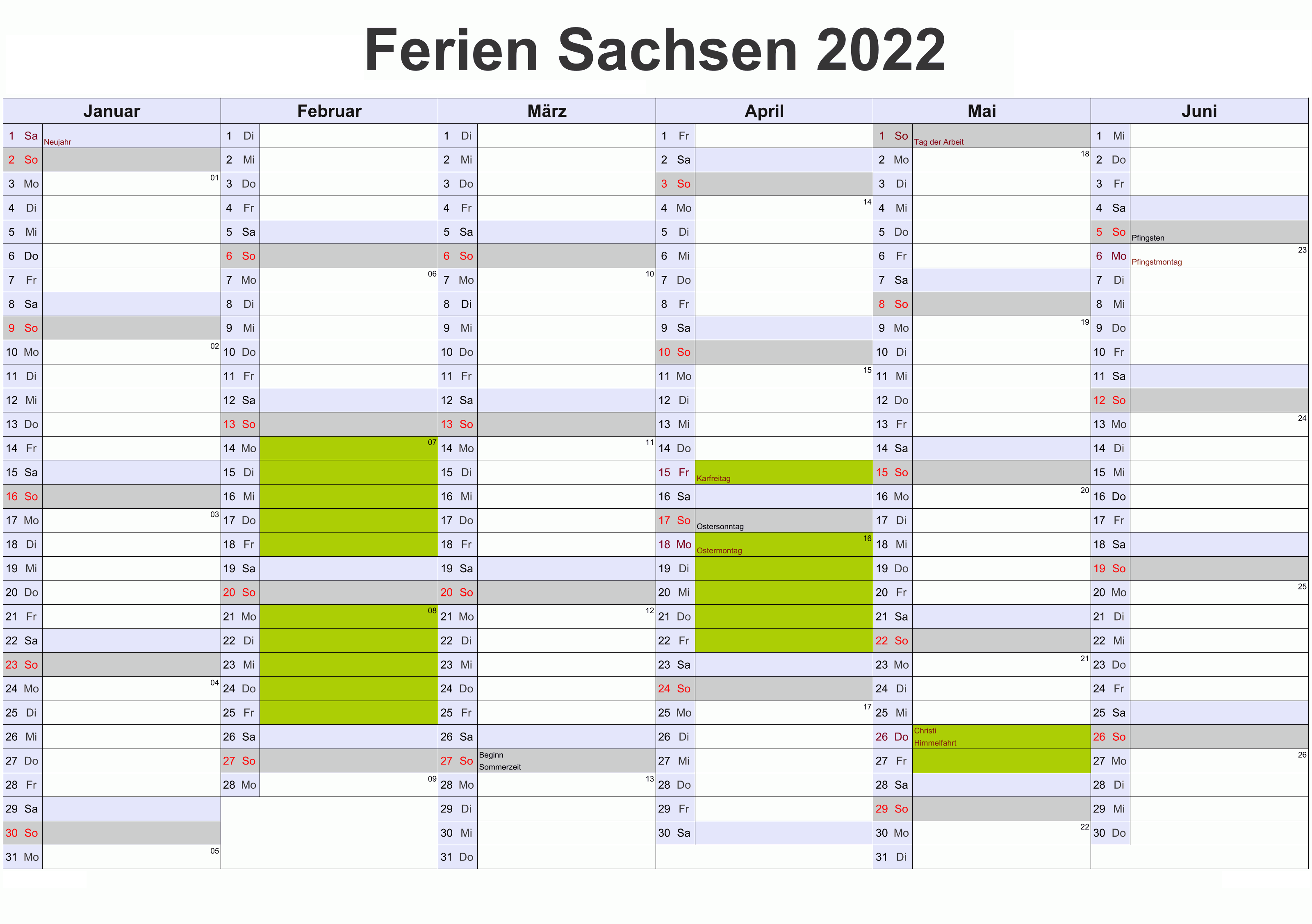 Sommerferien Sachsen 2022 Excel Word