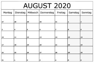 Monats Kalender 2020 August