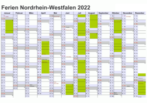 Ferien North Rhine-Westphalia 2022 Kalender Excel, Word