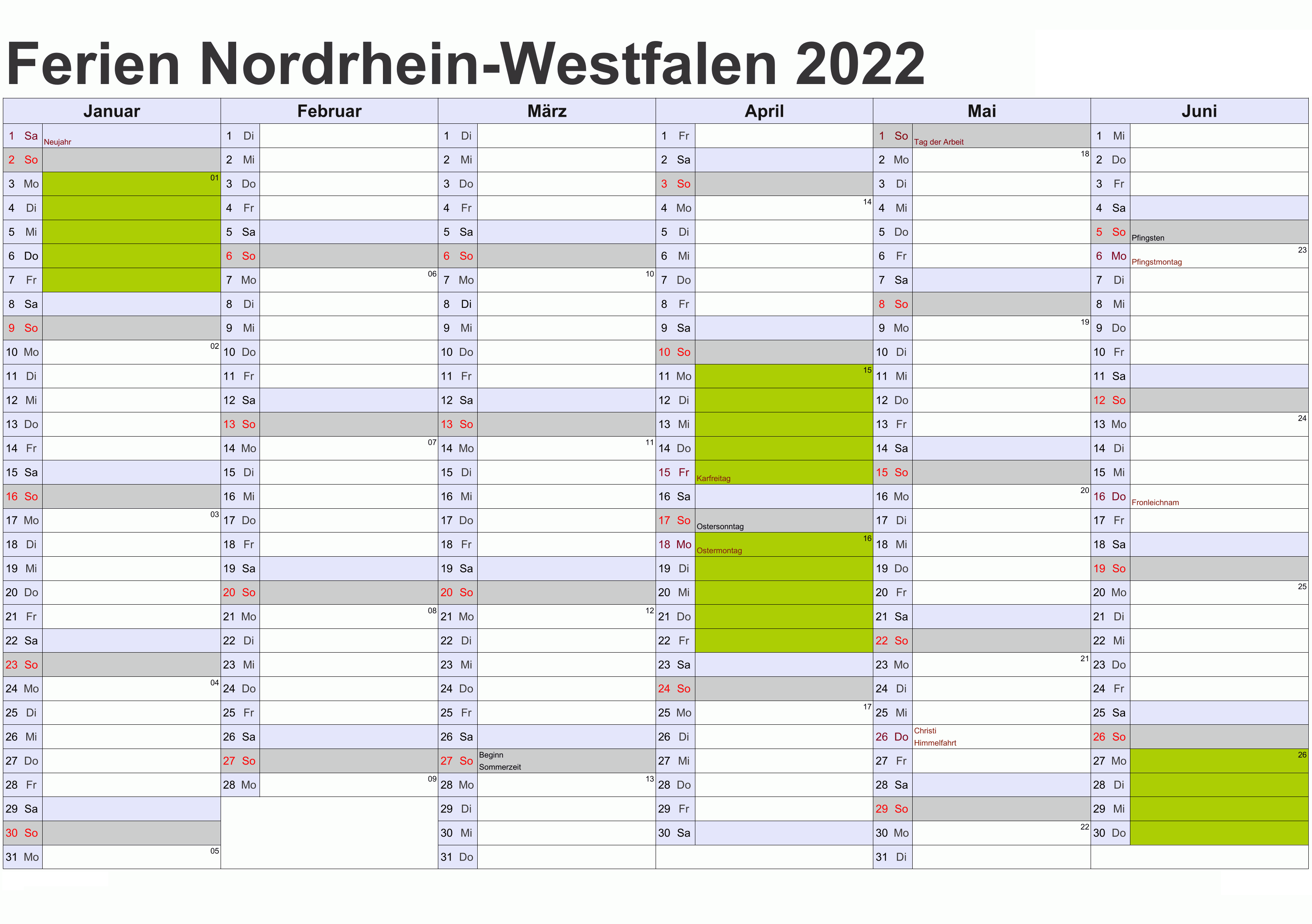 Kalender 2022 Mit Feiertagen NRW
