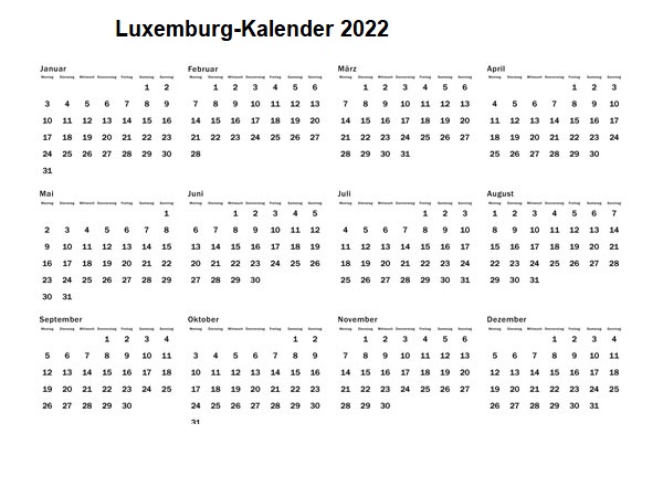 2022 Luxemburg Kalender Feiertage