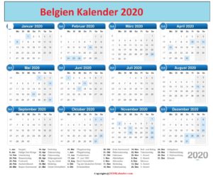Belgischer Kalender 2020 Excel