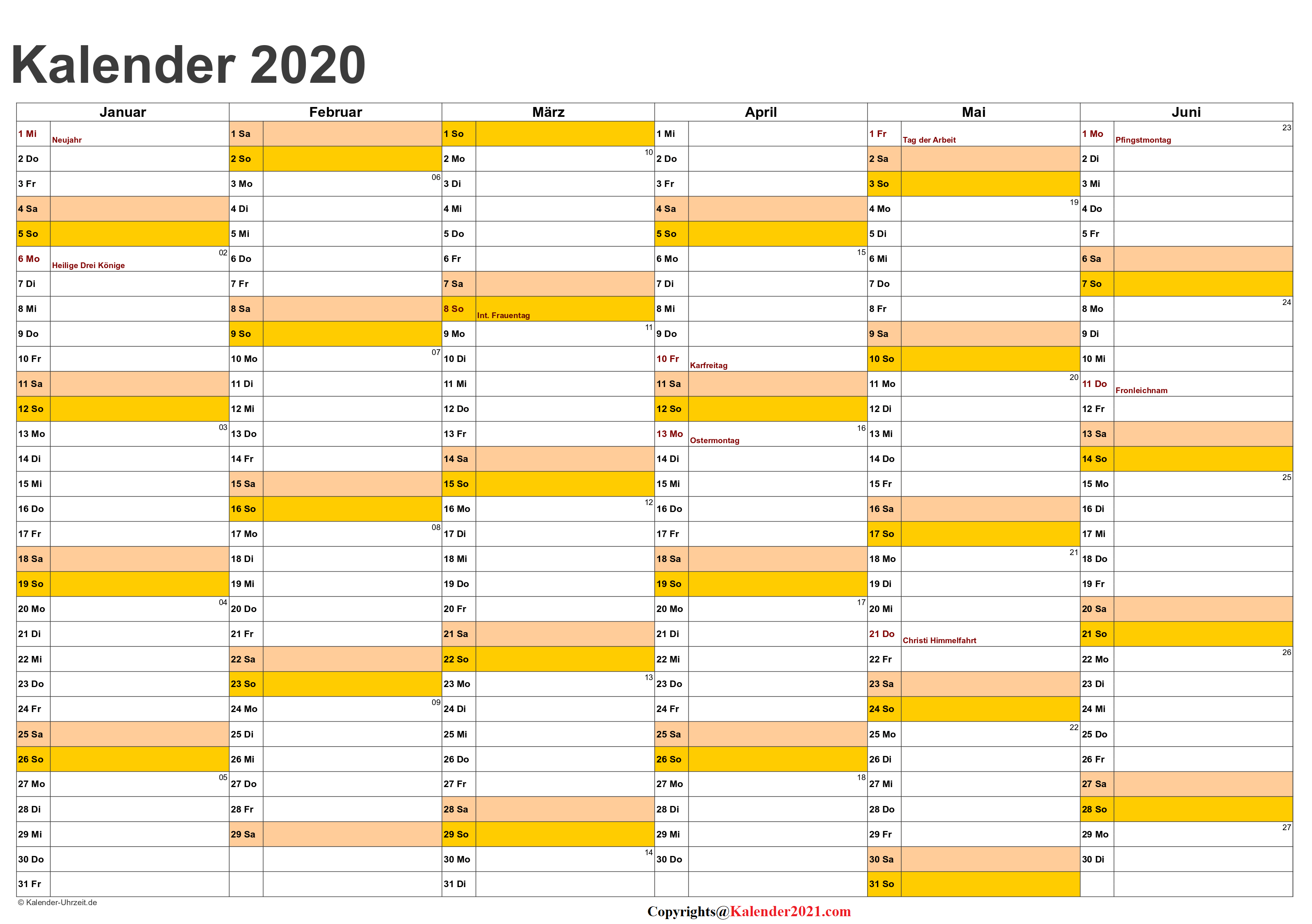 Halbjahreskalender 2020 Excel
