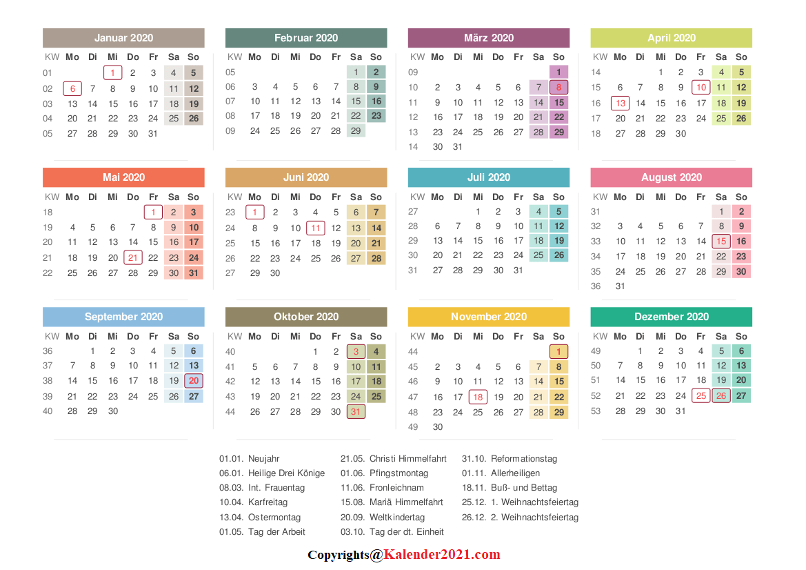 Halbjahreskalender 2020 Mit Feiertagen