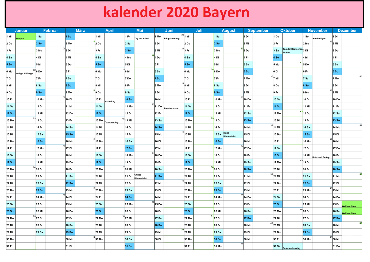 Jahreskalender 2020 Bayern Mit Ferien und Feiertagen