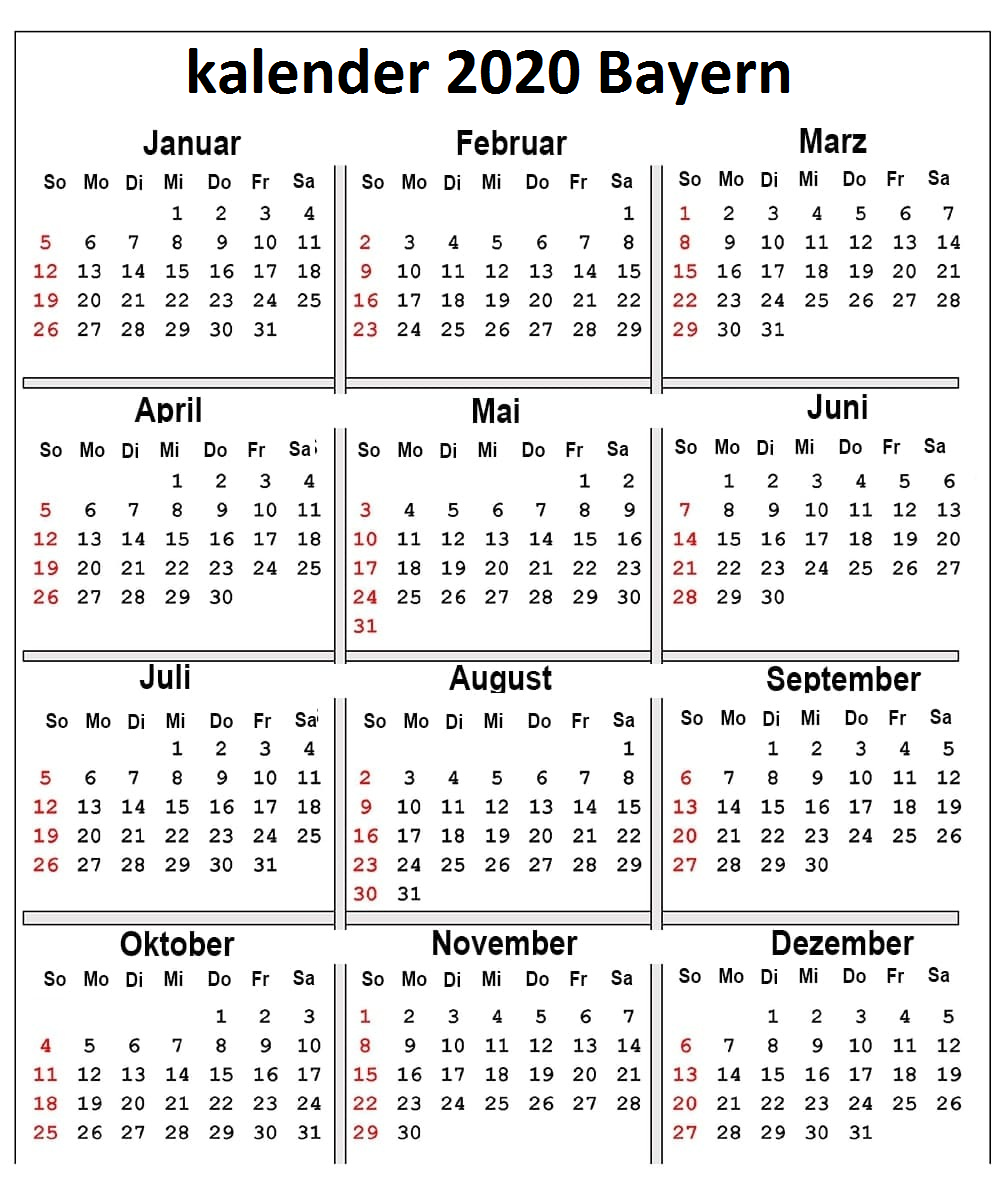 Jahreskalender 2020 Bayern Schulferien