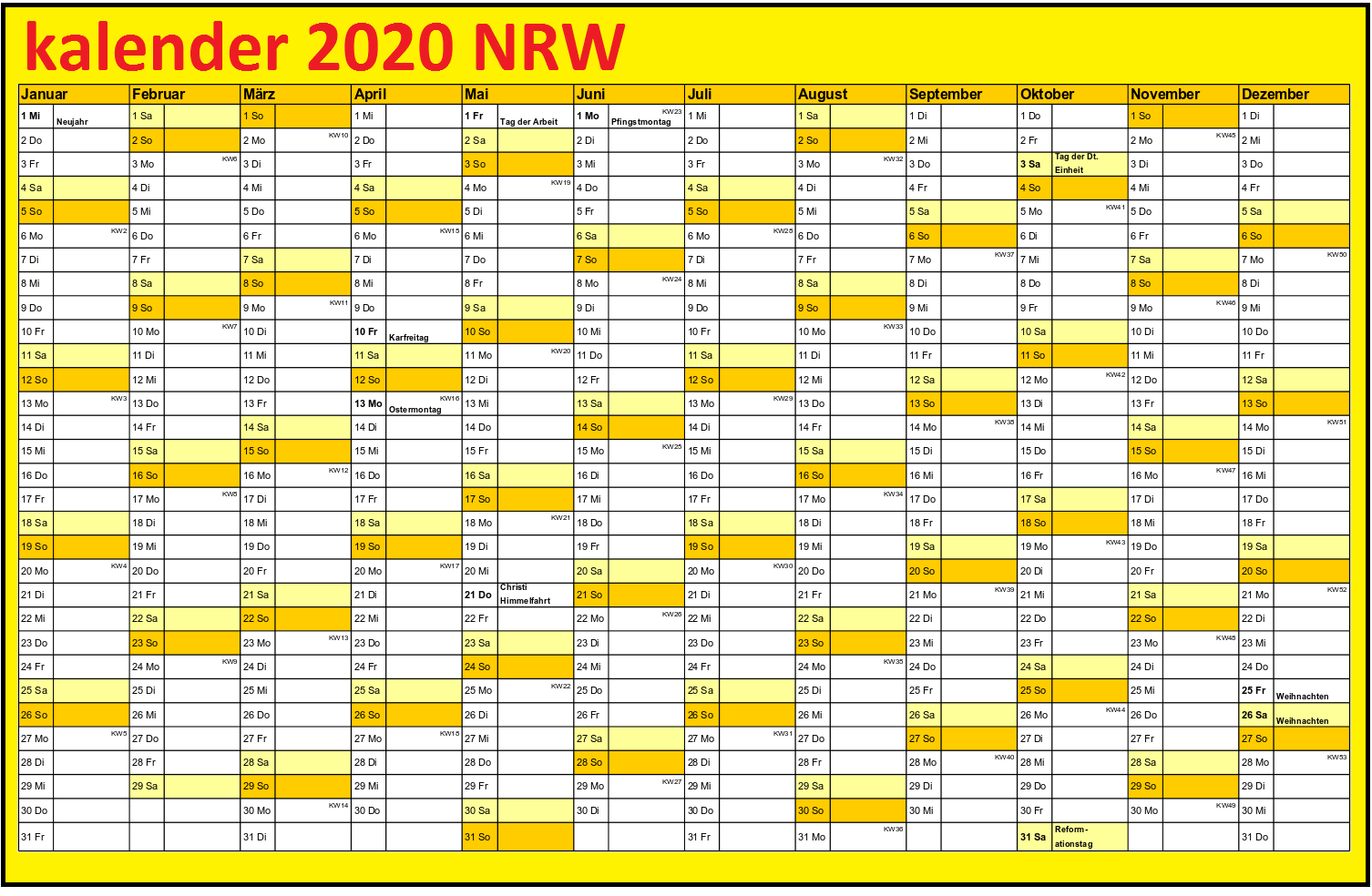 Jahreskalender 2020 NRW PDF