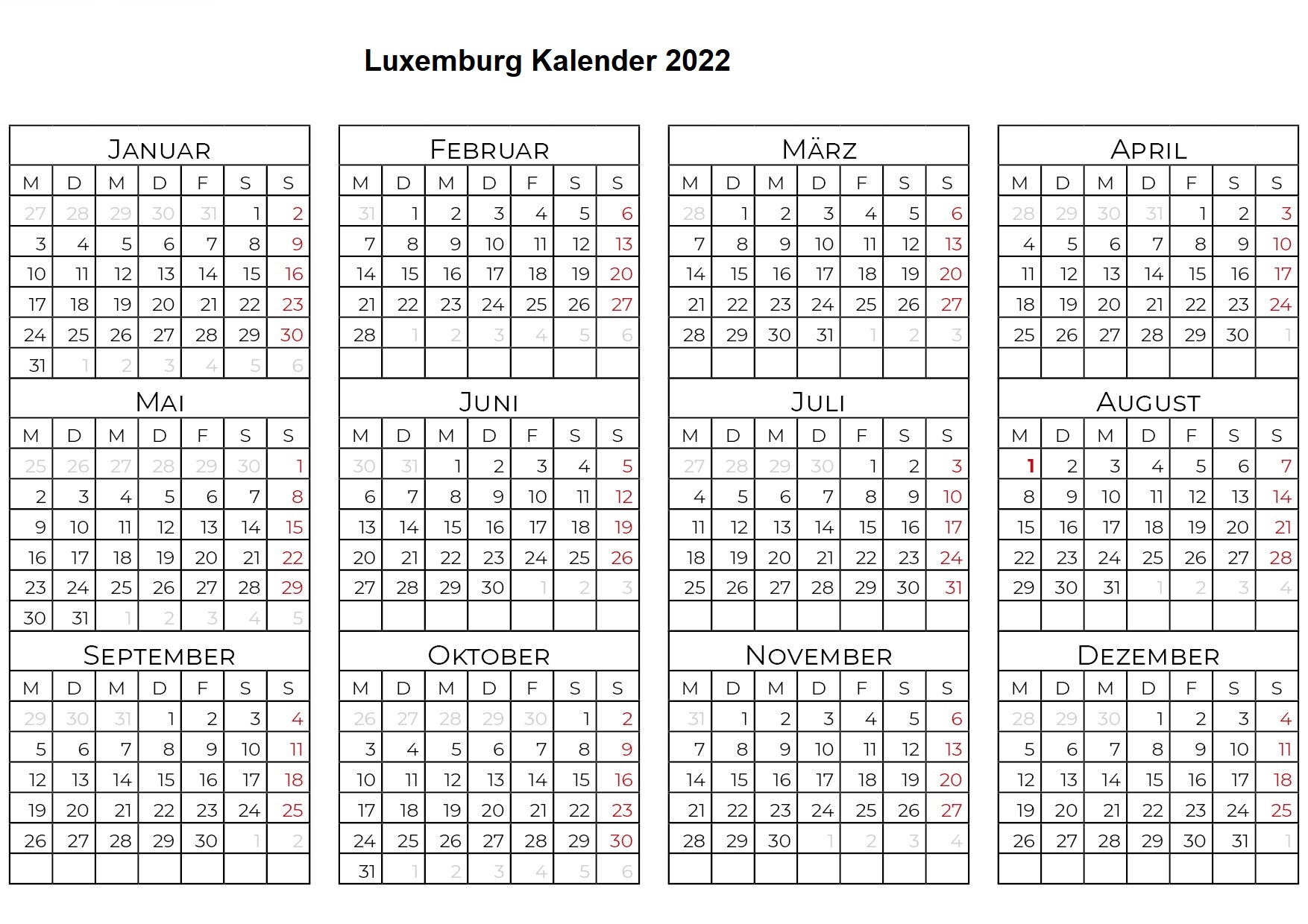 Luxemburg Kalender 2022 Mit Feiertagen