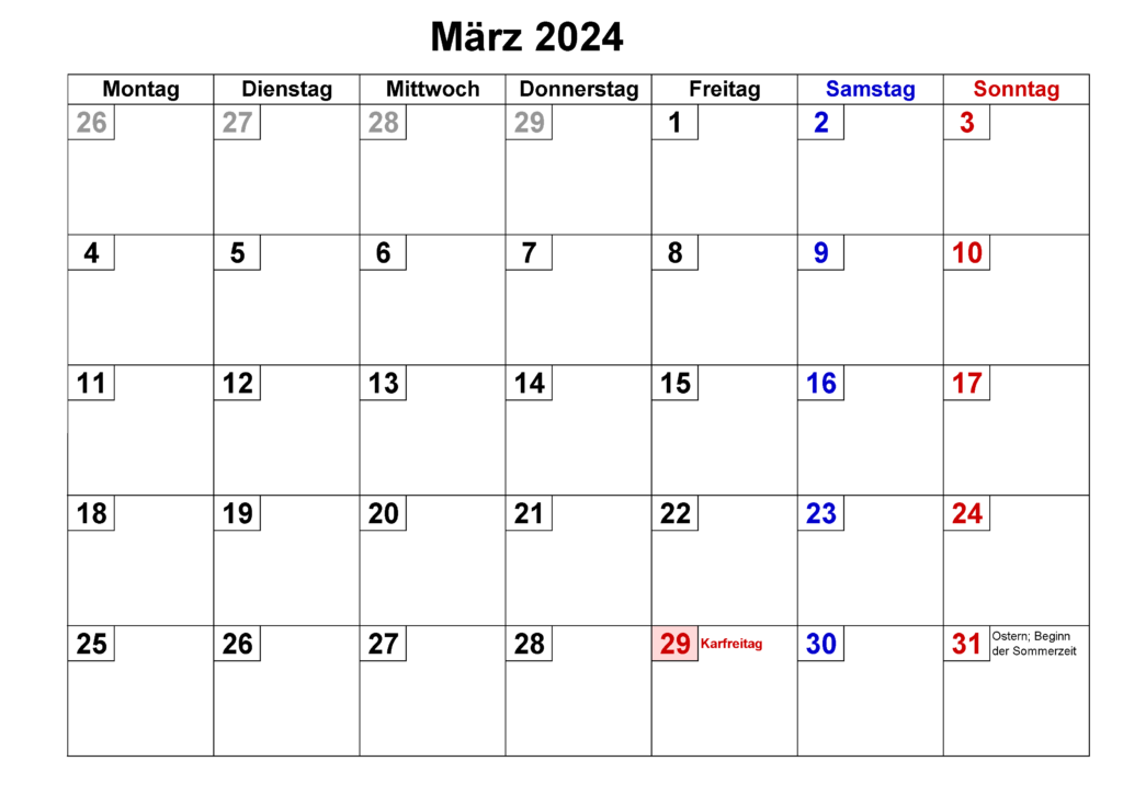 Kalender März 2024 Vorlage