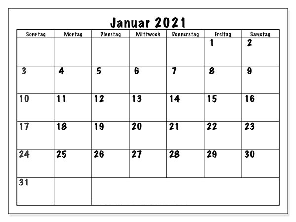 Januar Urlaubs kalender 2021