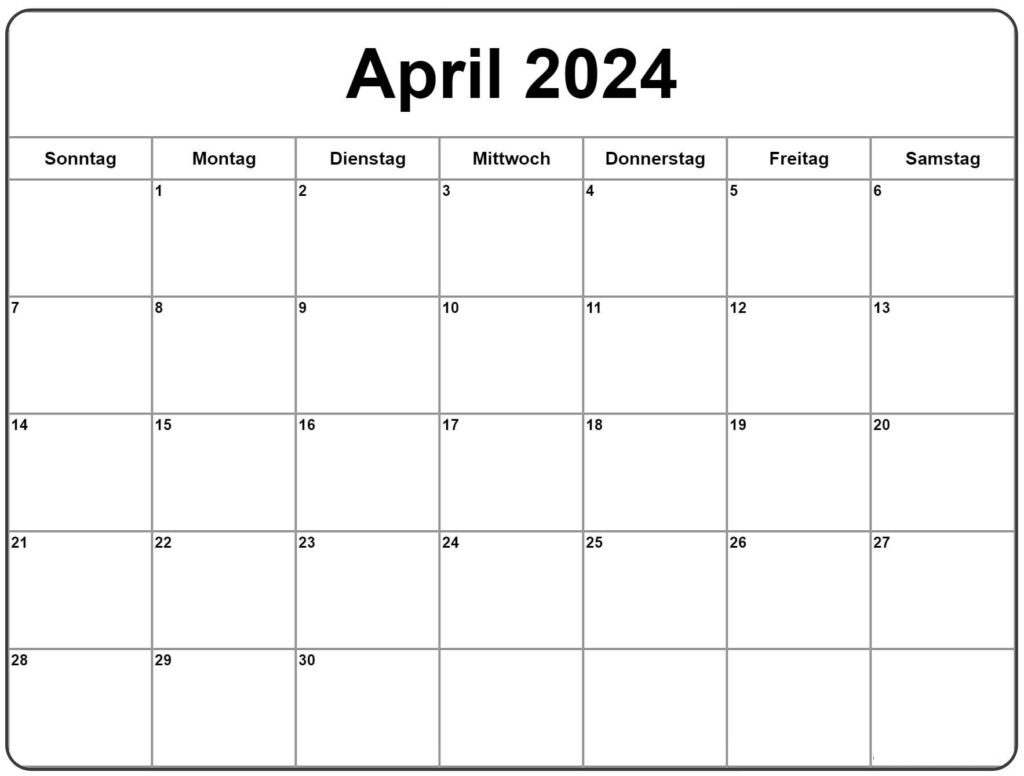 Kalender April 2024 Vorlage