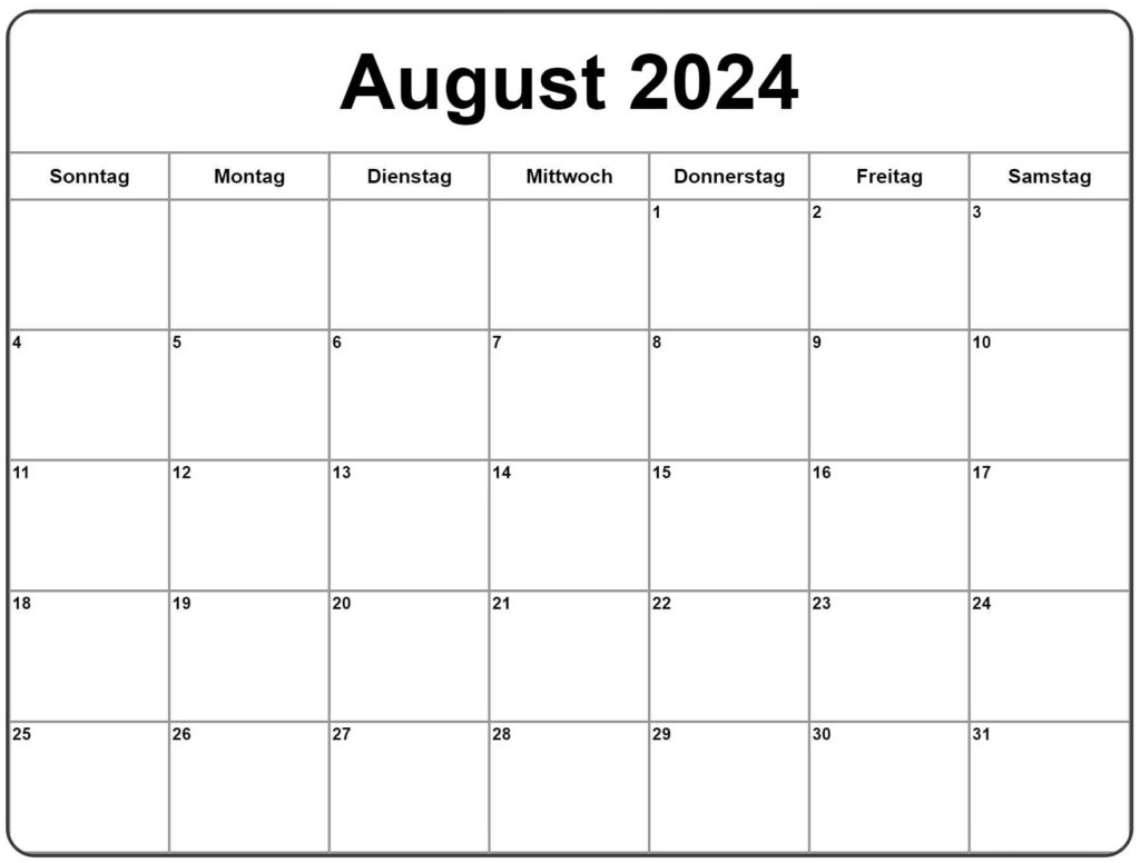 Kalender August 2024 Drucken