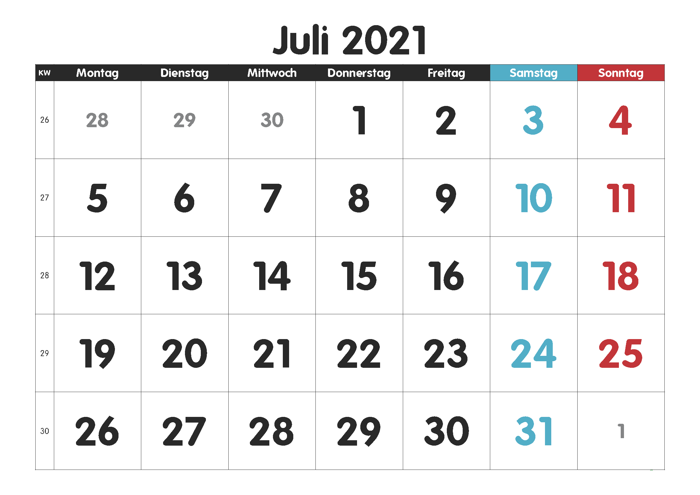 Kalender Juli 2021 Drucken