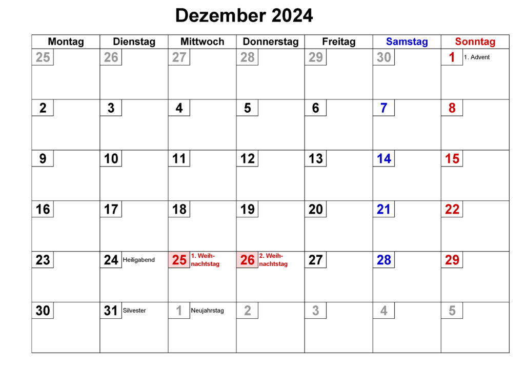 Dezember 2024 Kalender Ausdrucken
