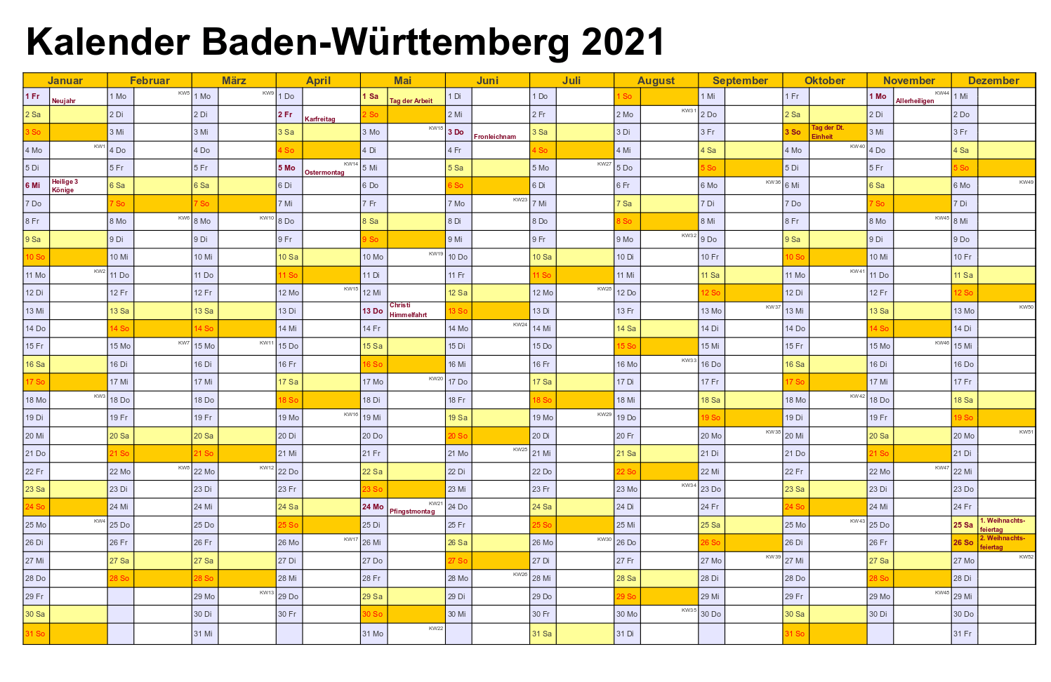 Feiertagen 2021 Baden-Württemberg Kalender