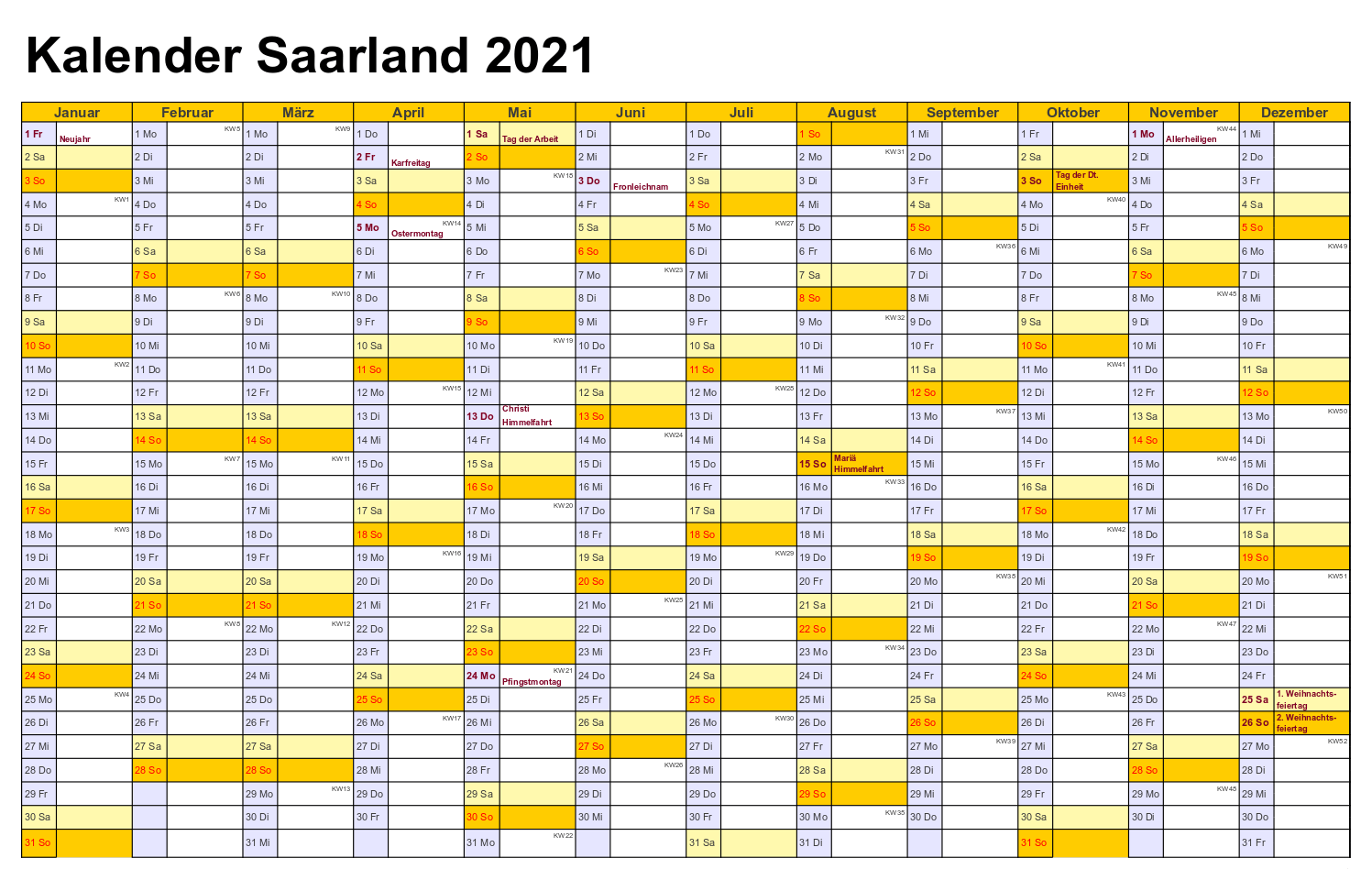 Feiertagen 2021 Saarland Kalender