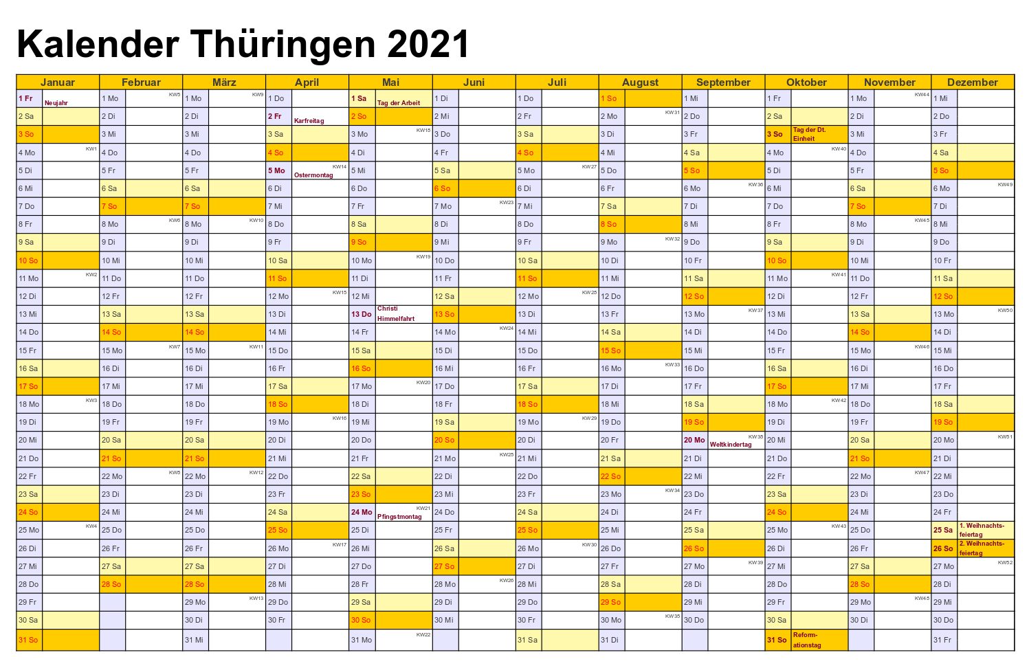Feiertagen 2021 Thuringia Kalender