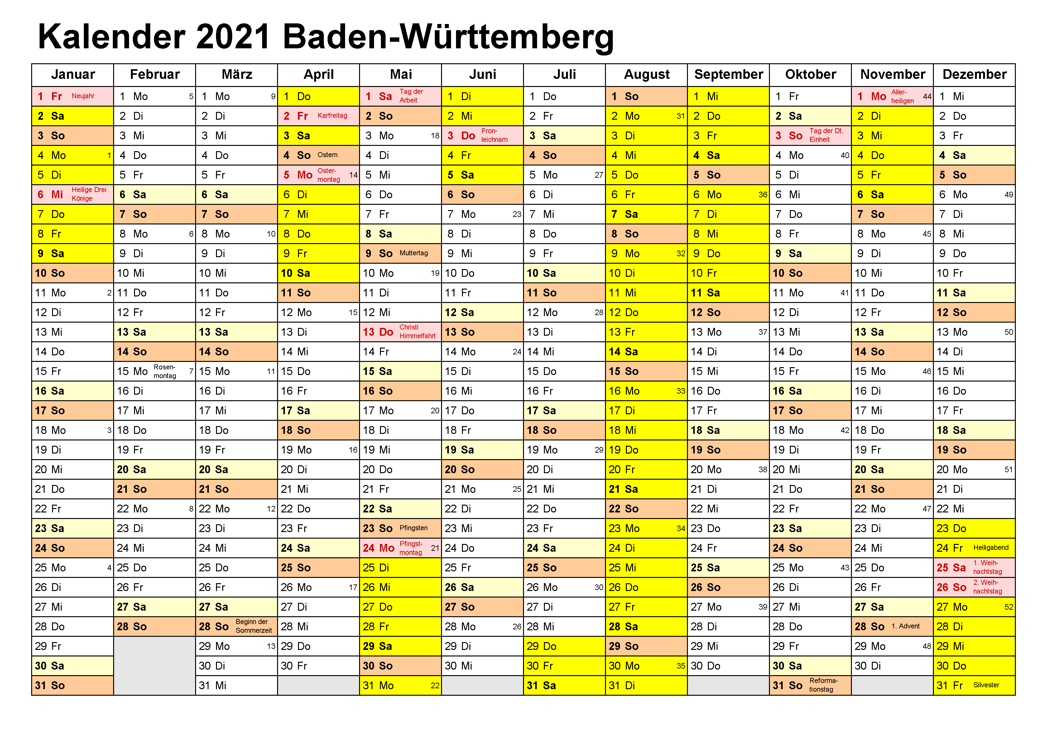 Kalender Baden-Württemberg 2021 Zum Ausdrucken