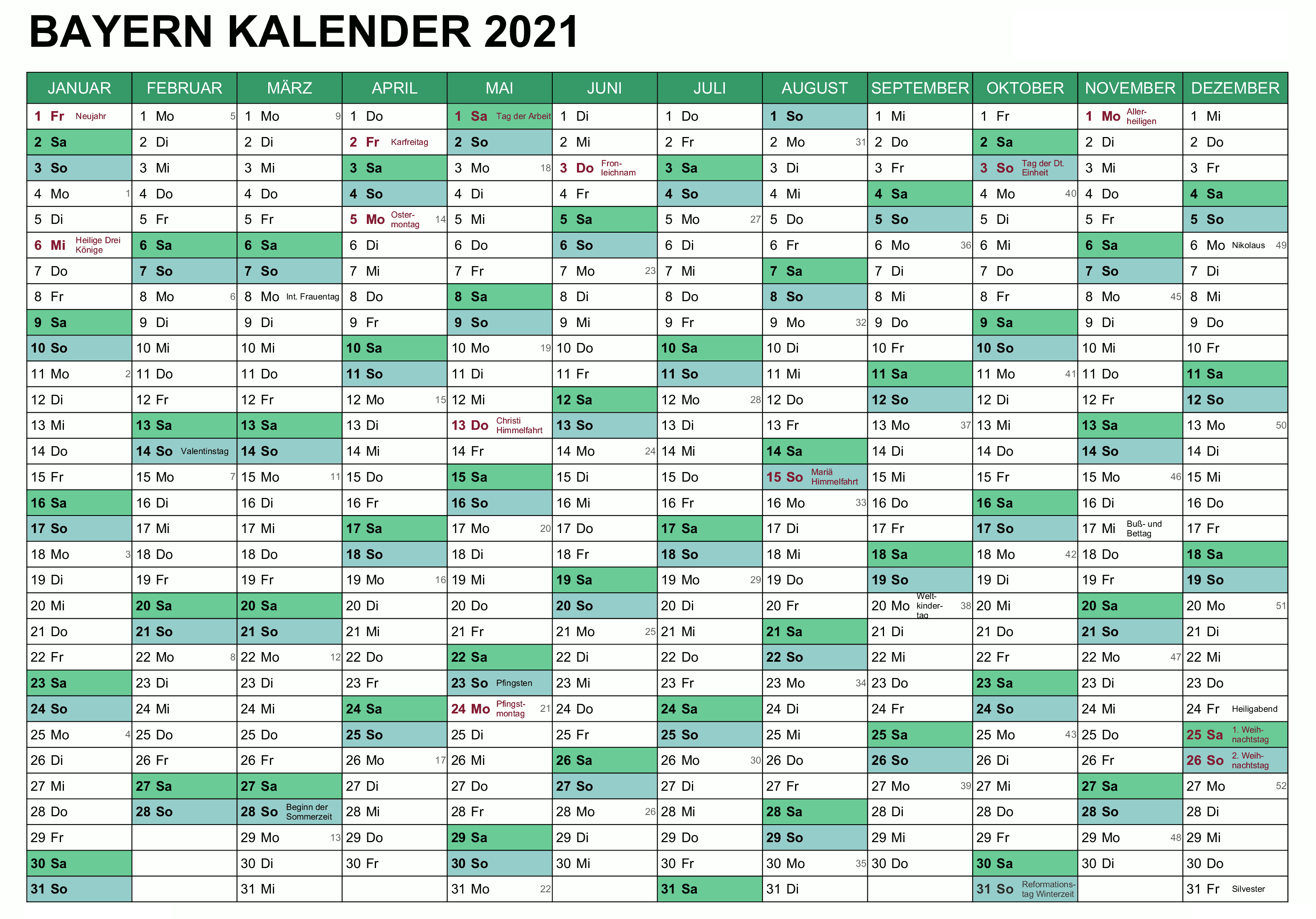 Sommerferien 2021 Bayern Kalender PDF