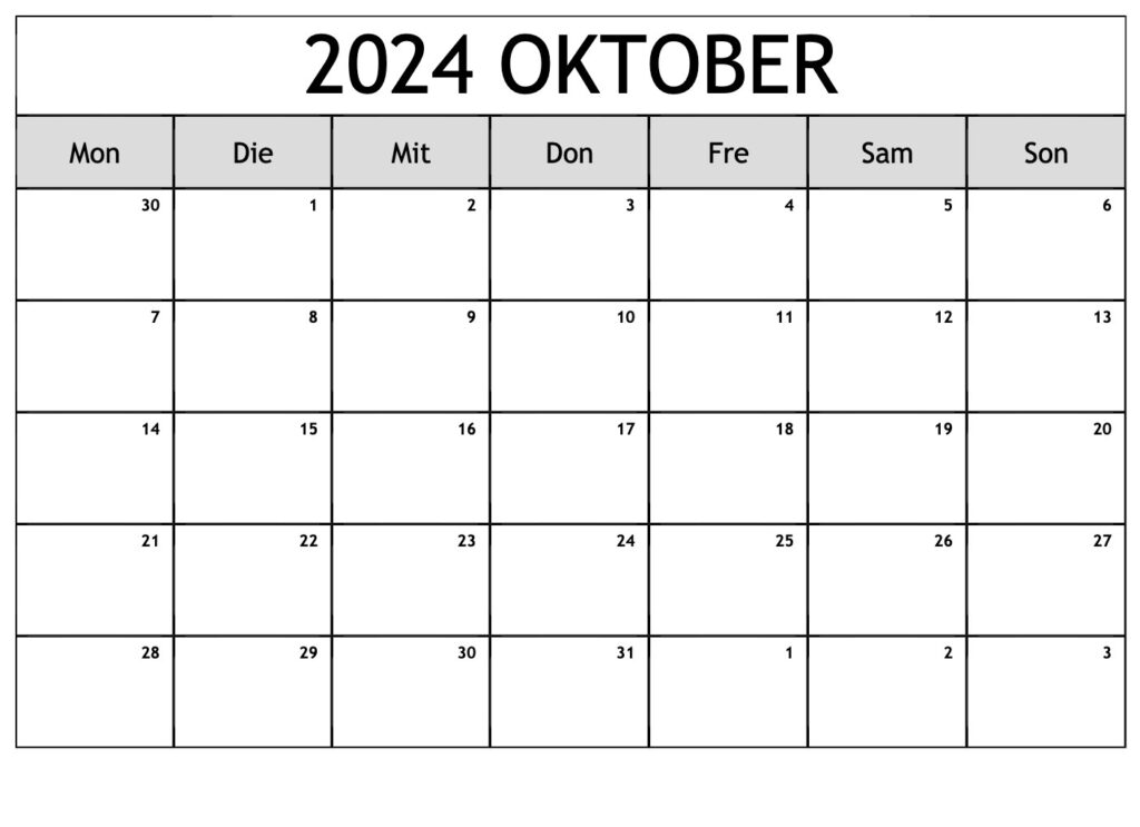 Kalender Oktober 2024 Vorlage