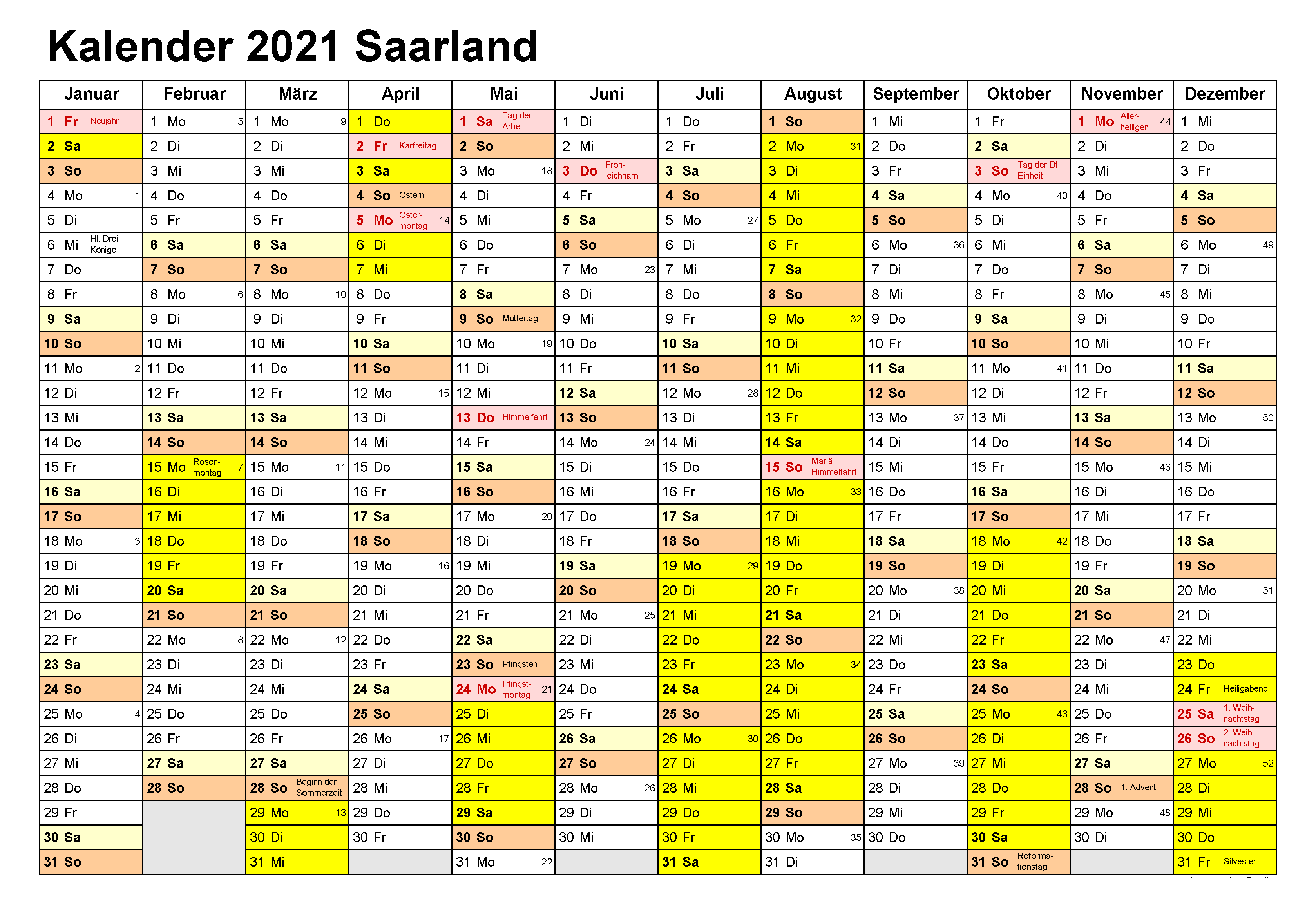 Kalender Saarland 2021 Zum Ausdrucken