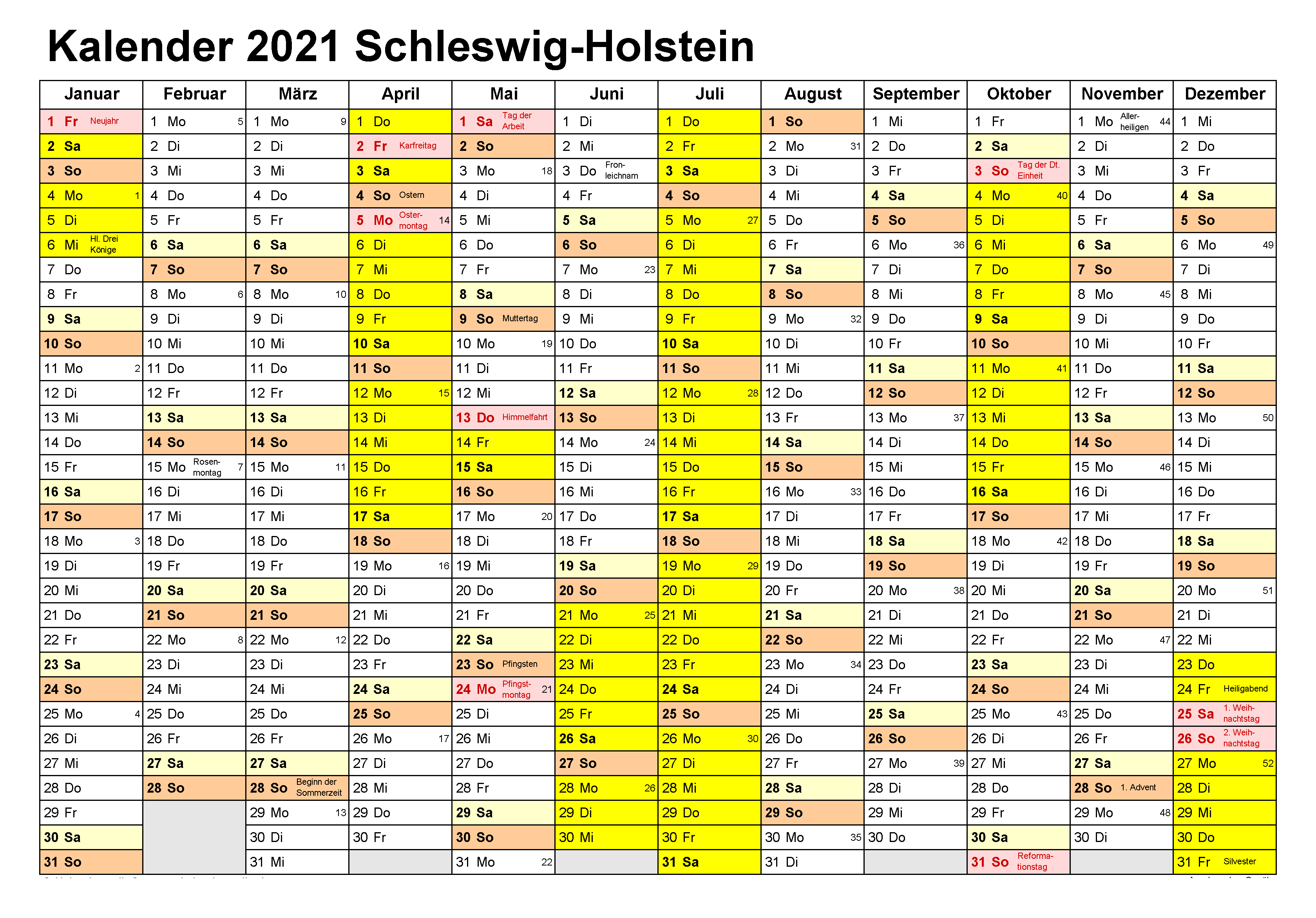 Kalender Schleswig-Holstein 2021 Zum Ausdrucken