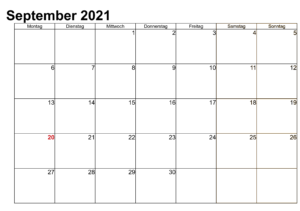 Kalender September 2021 Vorlage