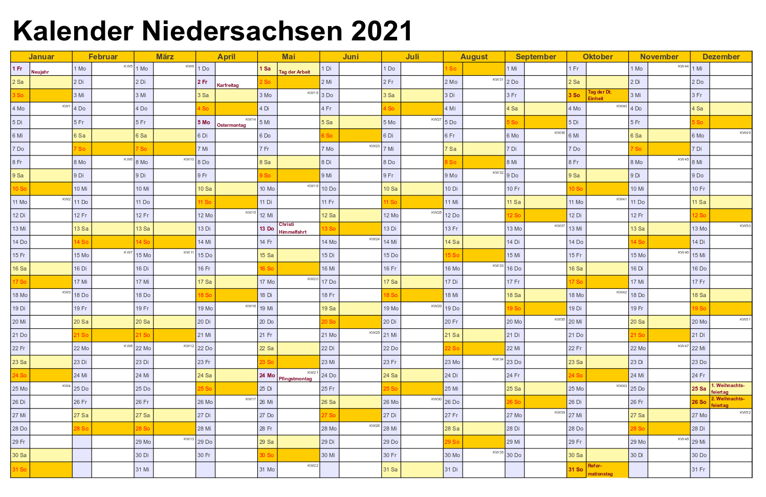 Niedersachsen 2021 Kalender Zum Ausdrucken